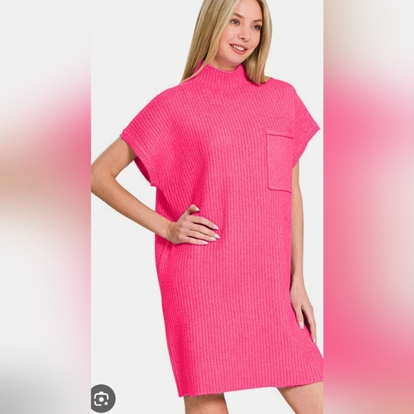Zenana Outfitters Dresses & Skirts - Zenana New In Poly Bag Vibrant Pink Mock Neck Ribbed Knit Dress M:Bust 37-38 in